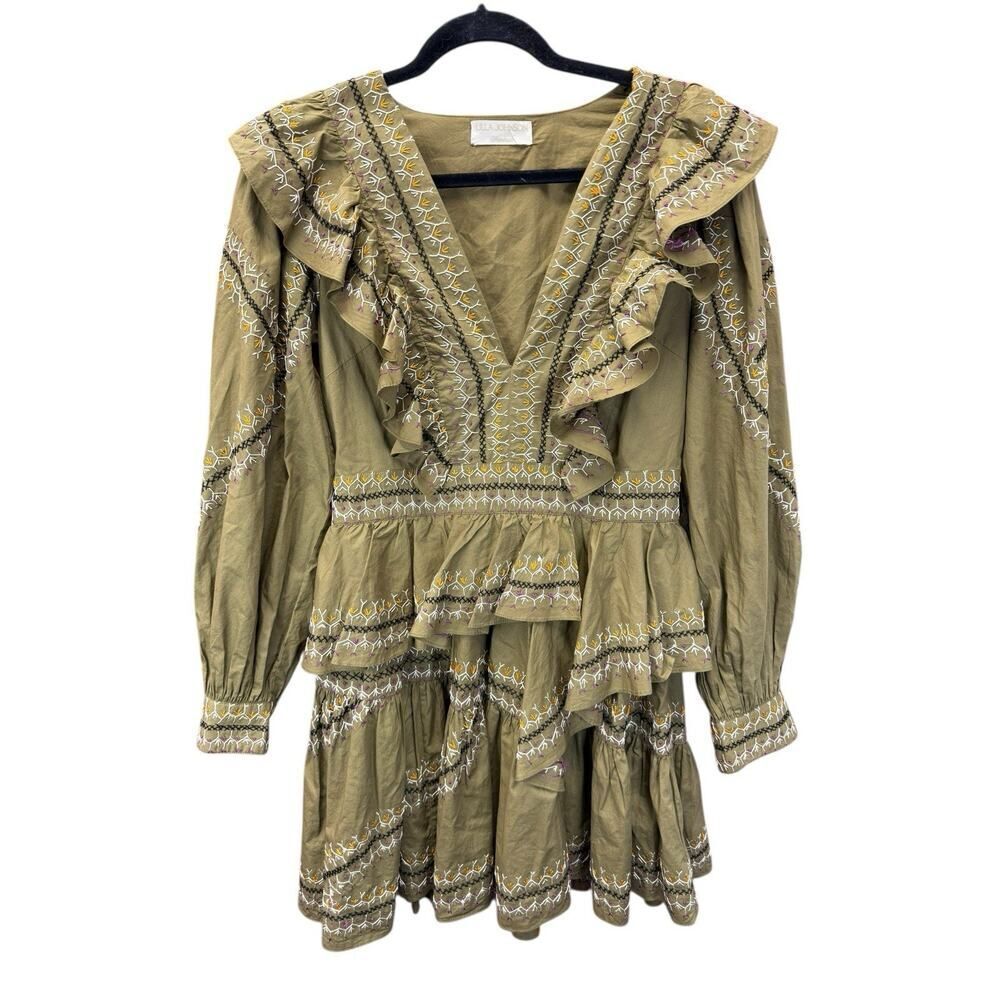 Ulla Johnson Olive Anais Embroidered Ruffle Mini Dress Size 6 Cotton Boho Chic - Picture 6 of 16